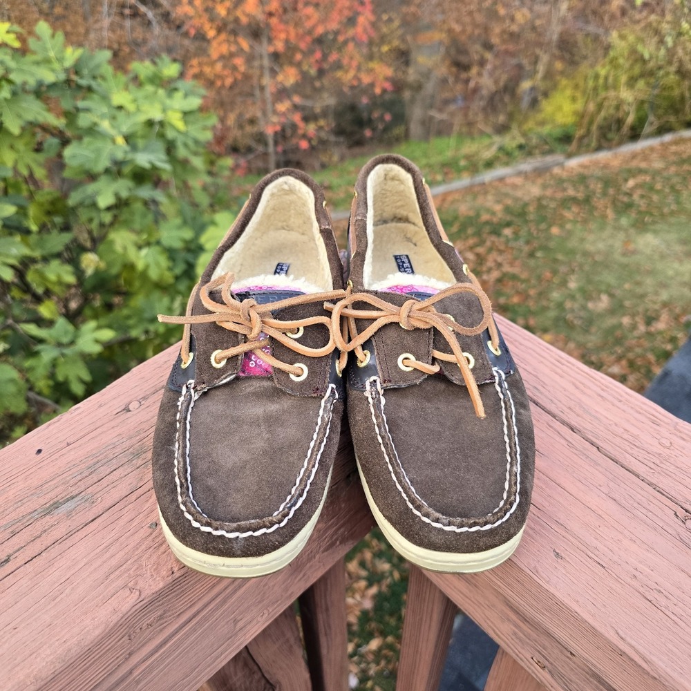 Sperry Top-Sider Fur Lined Pink Sequin‎ & Brown Leather Boat Shoes Women's 8.5M
